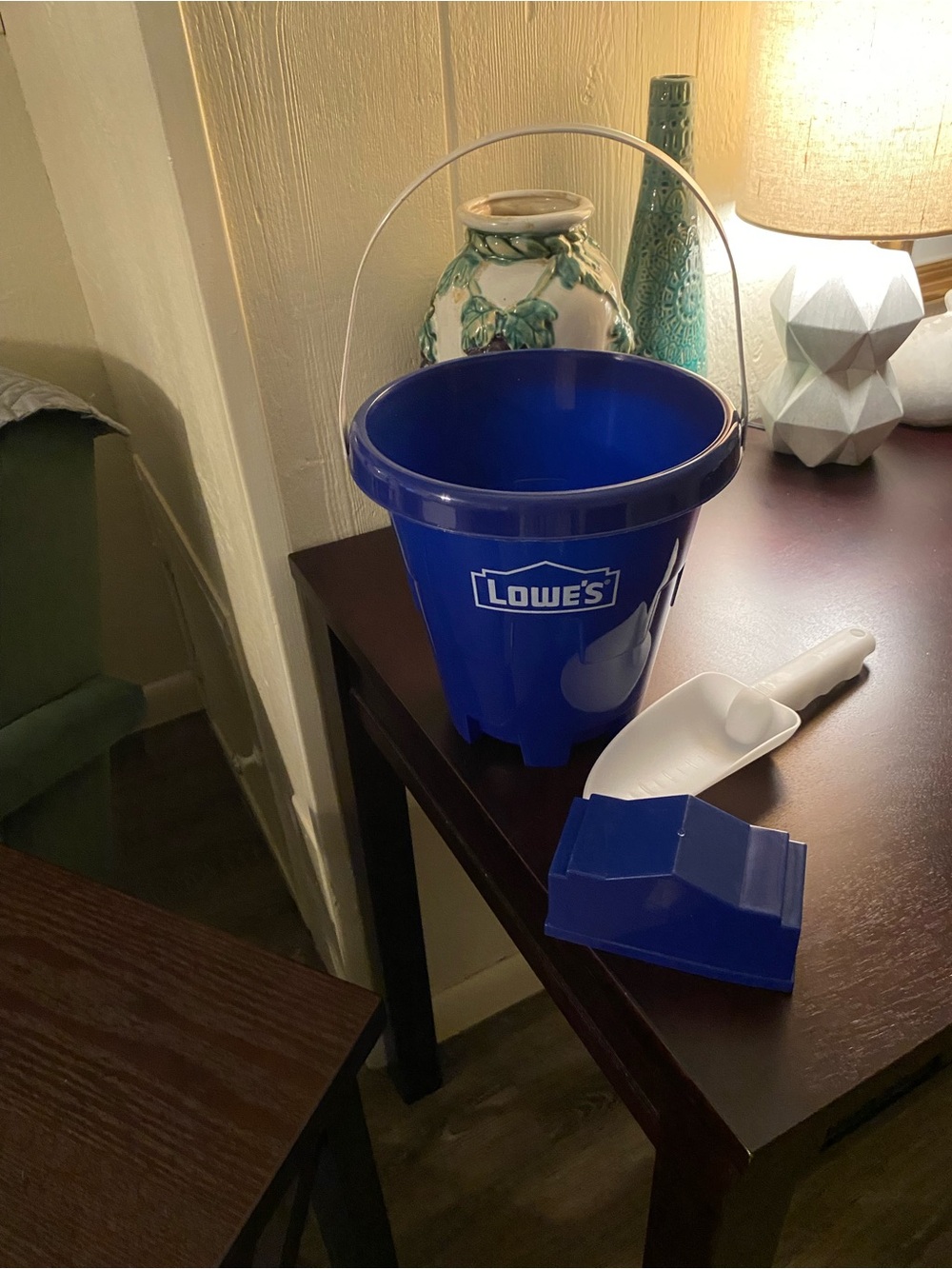 Lowe's Beach/Sandbox Blue Plastic Bucket with White Handle and sand mold.